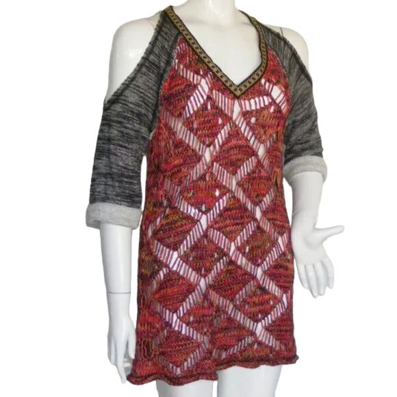 BKE Sweater, S, Open knit, Cold Shoulder, Multicolor, Distressed, Layer up - Picture 2 of 14